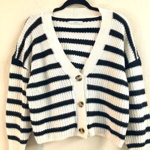 Pigalle Stripe Knit Cardigan Sweater Large Black White Relaxed Fit Boxy Crop